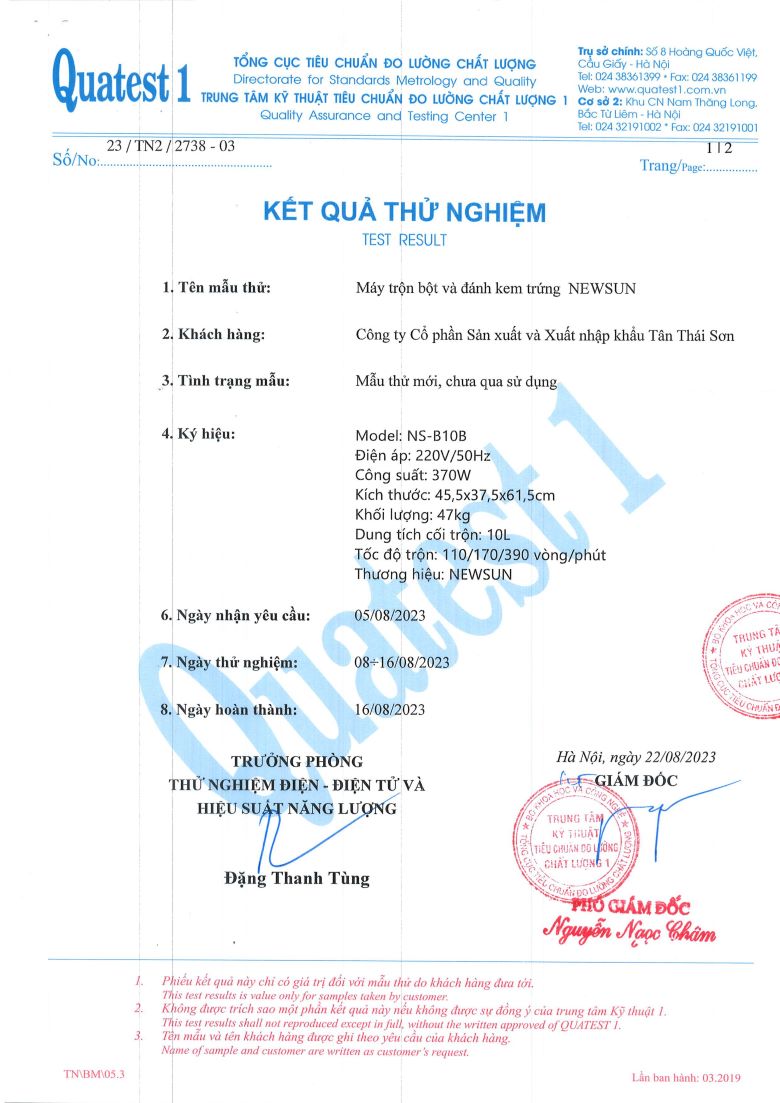 Kết quả thử nghiệm sản phẩm phù hợp tiêu chuẩn