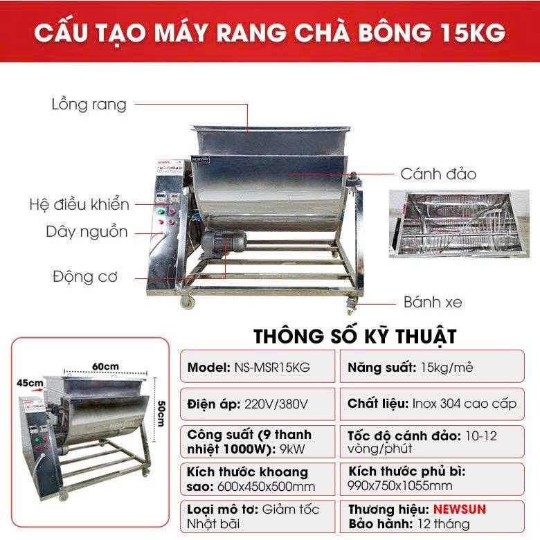 Chi tiết cấu tạo và các thông số của máy rang chà bông 15kg Chi tiết cấu tạo và các thông số của máy rang chà bông 15kg