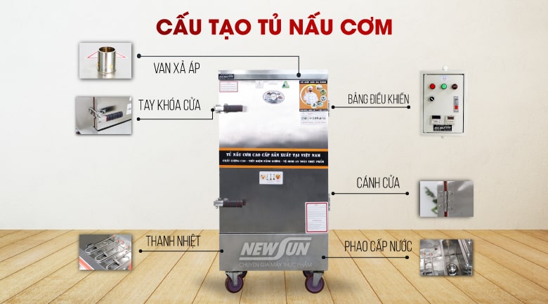 Cấu tạo tủ nấu cơm công nghiệp dùng điện Việt Nam - Thương hiệu NEWSUN