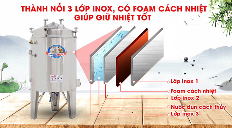 Thành nồi cấu tạo 3 lớp inox dày dặn, giữ nhiệt tốt Thành nồi cấu tạo 3 lớp inox dày dặn, giữ nhiệt tốt