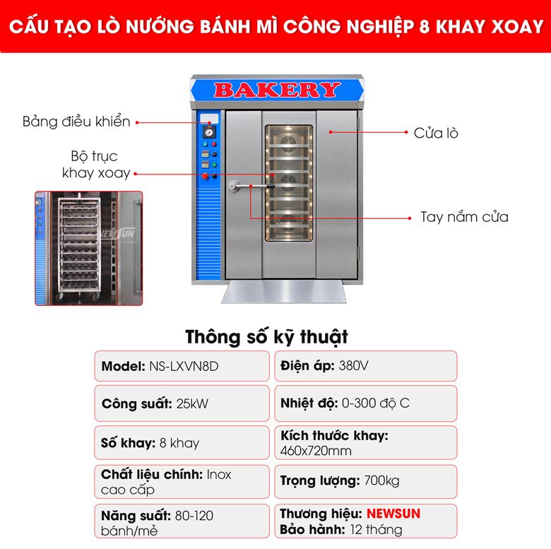 Cấu tạo lò nướng bánh mì xoay 8 khay