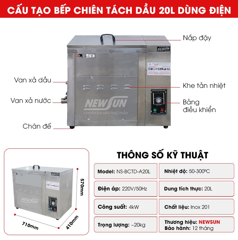 Cấu tạo bếp chiên tách dầu 20L dùng điện Cấu tạo bếp chiên tách dầu 20L dùng điện