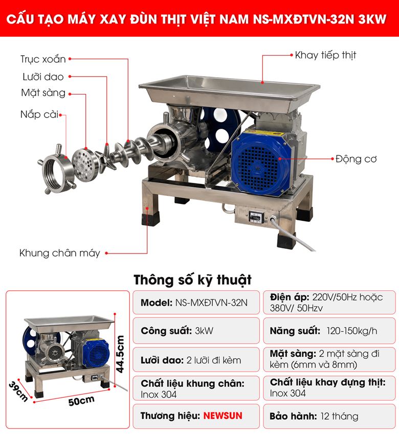 Cấu tạo máy xay đùn thịt Việt Nam MXĐTVN-32N 3kW