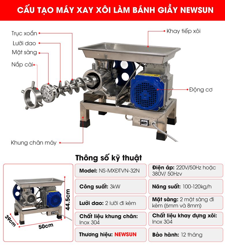 Cấu tạo máy xay xôi làm bánh giầy NEWSUN 3kW