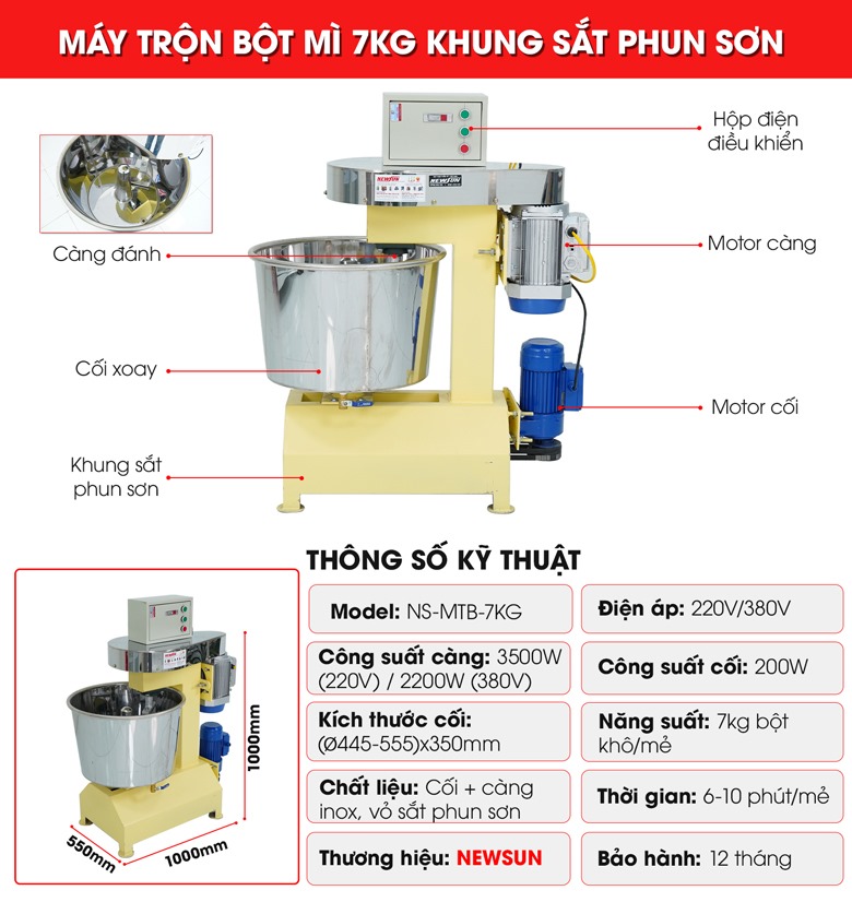 Cấu tạo máy trộn bột mì 7kg khung sắt phun sơn Cấu tạo máy trộn bột mì 7kg khung sắt phun sơn