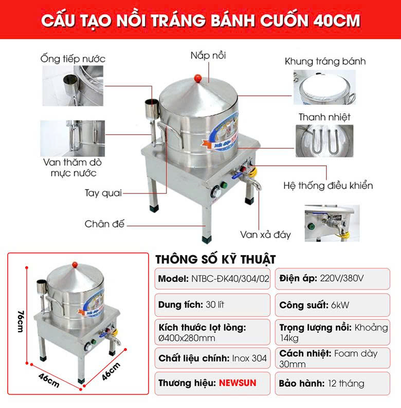 Cấu tạo nồi tráng bánh cuốn điện 40cm