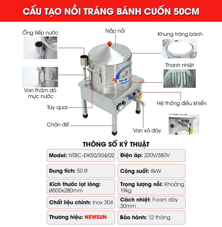 Cấu tạo nồi tráng bánh cuốn điện 50cm