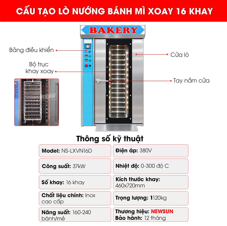 Cấu taọ lò nướng bánh mì công nghiệp 16 khay xoay