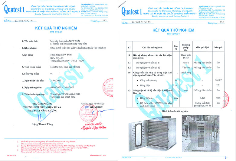 Chứng nhận chất lượng máy sấy hoa quả Chứng nhận chất lượng máy sấy hoa quả