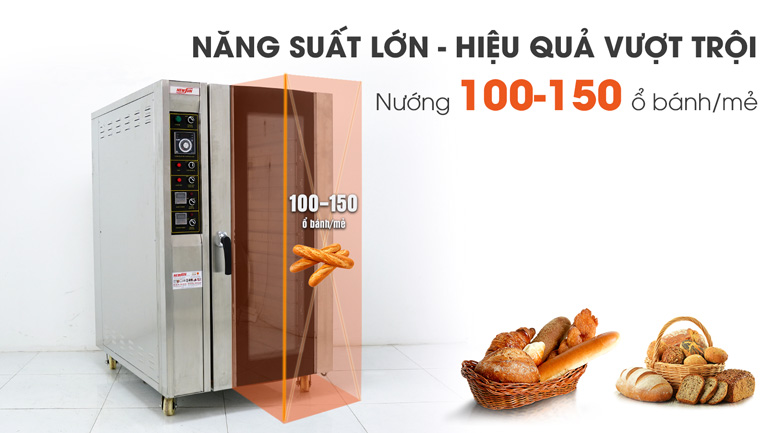 Khoang chứa 10 khay kích thước lớn, nướng 100-150 ổ bánh mì/mẻ Khoang chứa 10 khay kích thước lớn, nướng 100-150 ổ bánh mì/mẻ