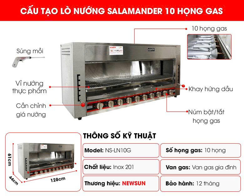 Cấu tạo lò nướng Salamander 10 họng gas