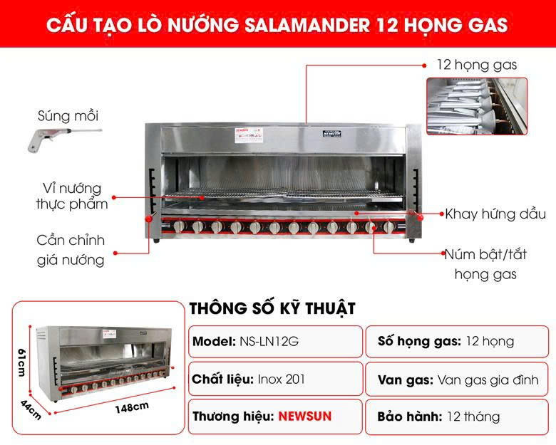 Cấu tạo lò nướng Salamander 12 họng gas