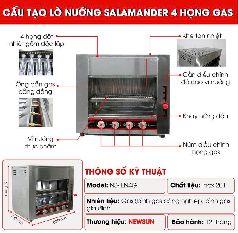 Cấu tạo chi tiết của lò nướng salamander 4 họng gas