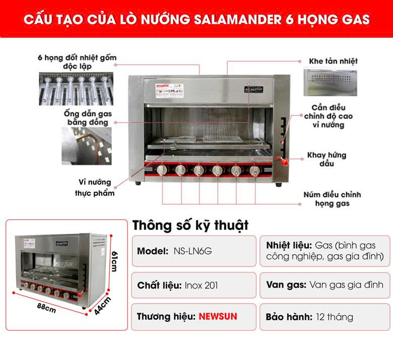 Cấu tạo lò nướng salamander 6 họng gas