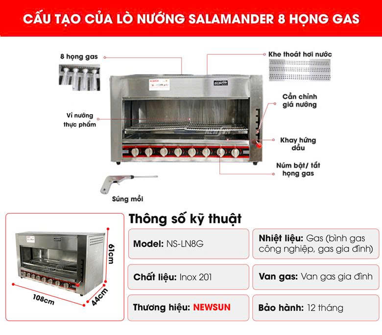 Cấu tạo lò nướng Salamander 8 họng gas