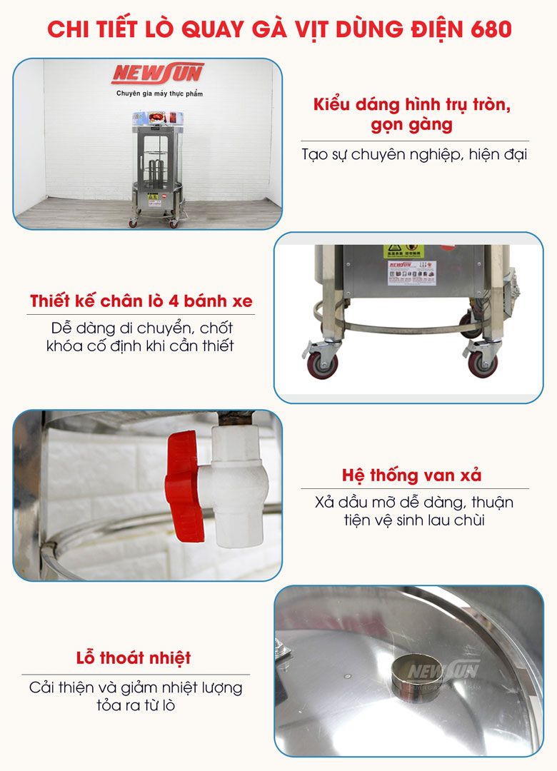 Các chi tiết thiết kế tối ưu của lò quay gà vịt dùng điện 680