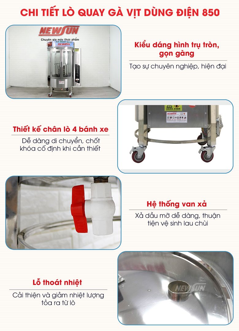 Các chi tiết thiết kế tối ưu của lò quay gà vịt dùng điện 850