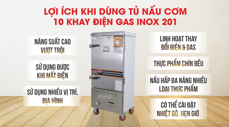 Lợi ích khi dùng tủ nấu cơm 10 khay điện gas Việt Nam inox 201