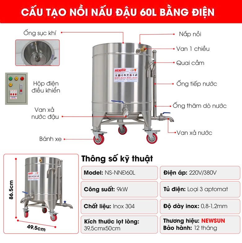 Cấu tạo của nồi nấu đậu bằng điện 60L