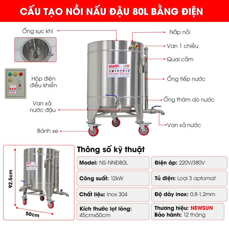 Cấu tạo nồi nấu đậu phụ 80 lít 