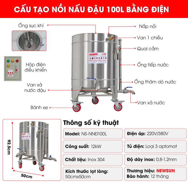 Cấu tạo của nồi nấu đậu bằng điện 100L 