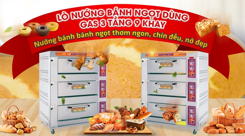 Lò nướng bánh ngọt dùng gas 3 tầng 9 khay Southstar Lò nướng bánh ngọt dùng gas 3 tầng 9 khay Southstar