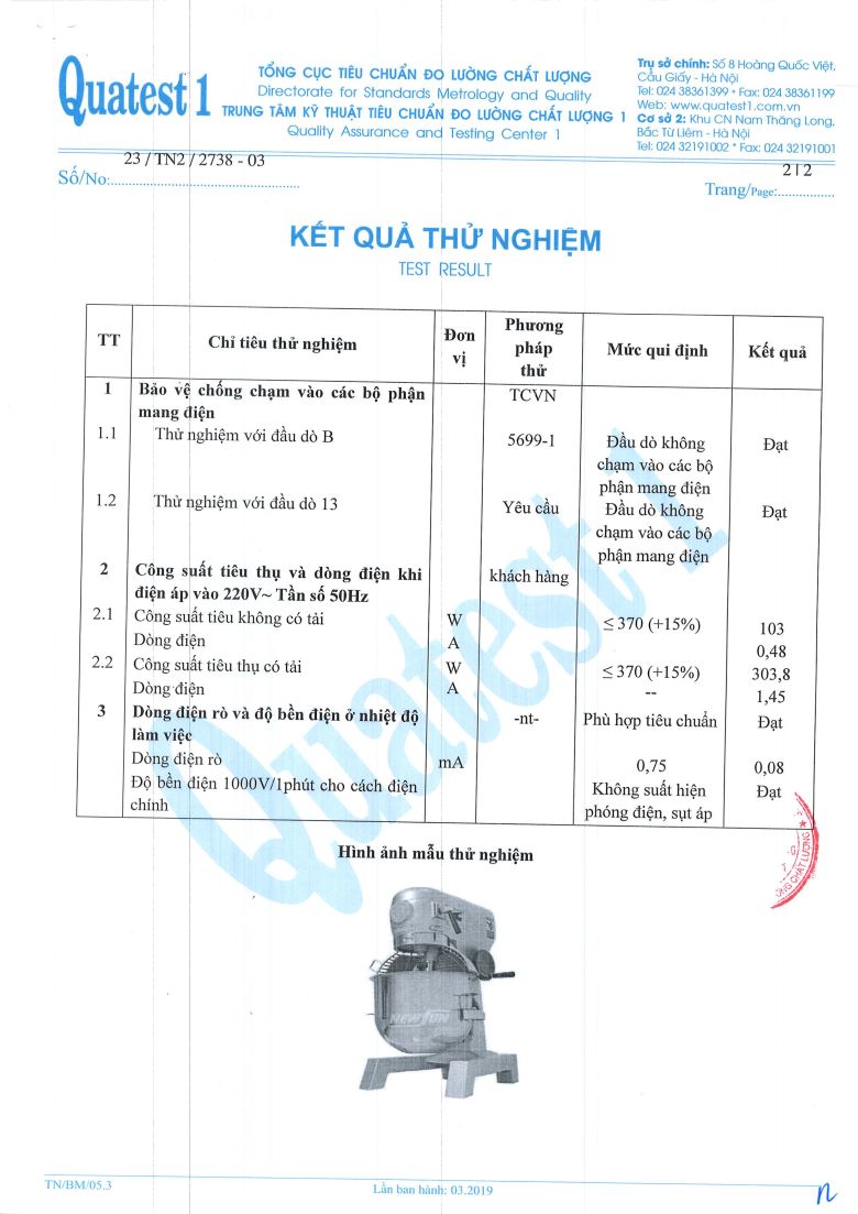 Kết quả thử nghiệm sản phẩm phù hợp tiêu chuẩn