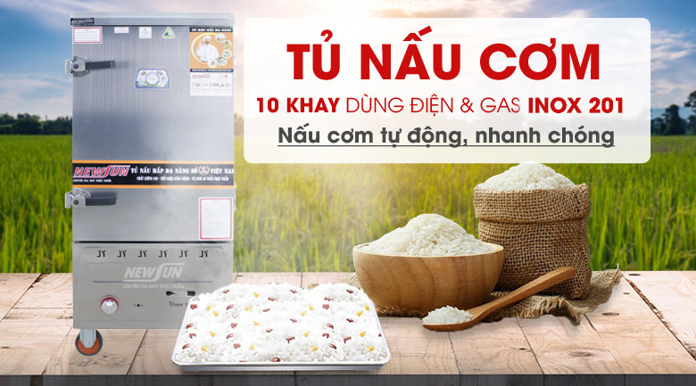 Tủ nấu cơm 10 khay dùng điện & gas inox 201 - Hàng Việt Nam
