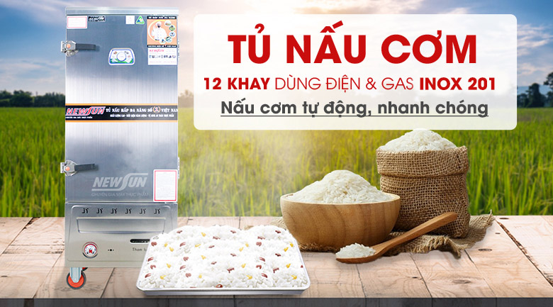 Tủ nấu cơm 12 khay dùng điện & gas inox 201 - Hàng Việt Nam