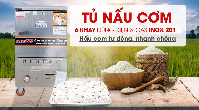 Tủ nấu cơm 6 khay dùng điện & gas inox 201 - Hàng Việt Nam
