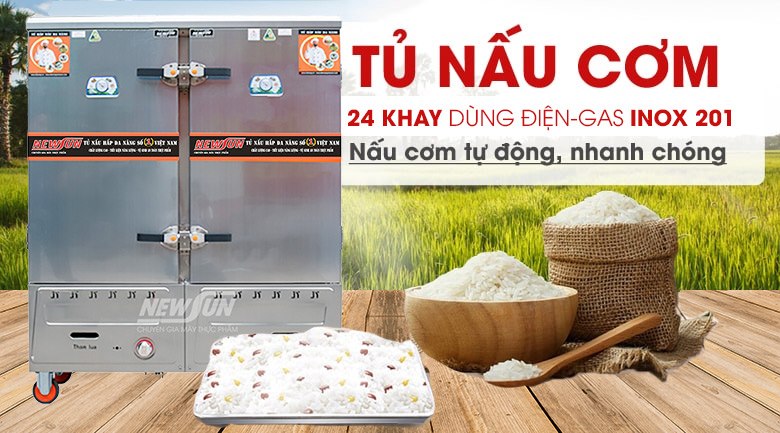 Tủ nấu cơm 24 khay dùng điện & gas inox 201 (96kg gạo/mẻ)