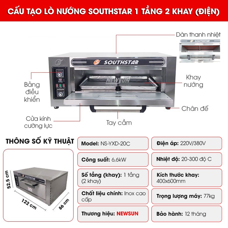 Cấu tạo lò nướng bánh ngọt Southstar 1 tầng 2 khay điện YXD-20C Cấu tạo lò nướng bánh ngọt Southstar 1 tầng 2 khay điện YXD-20C