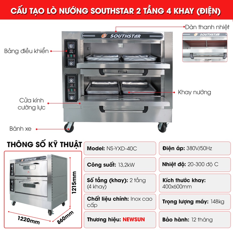 Cấu tạo lò nướng bánh ngọt Southstar 2 tầng 4 khay điện YXD-40C