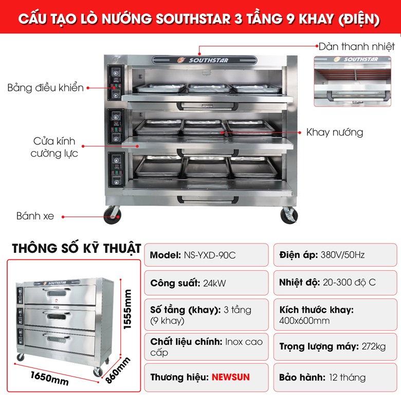 Cấu tạo lò nướng bánh ngọt Southstar 3 tầng 9 khay điện YXD-90C Cấu tạo lò nướng bánh ngọt Southstar 3 tầng 9 khay điện YXD-90C