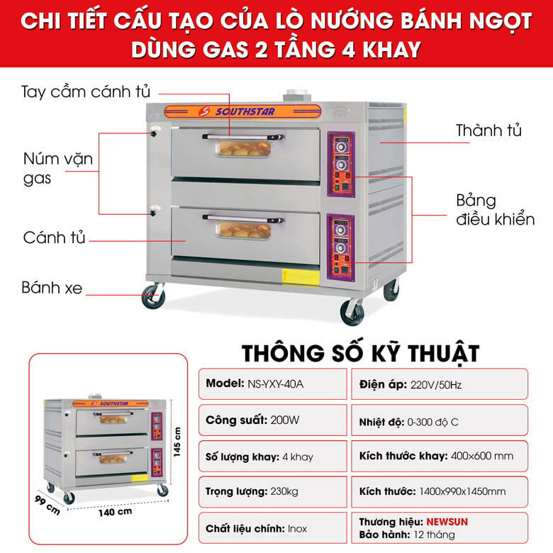 Cấu tạo lò nướng bánh Southstar 2 tầng 4 khay gas Cấu tạo lò nướng bánh Southstar 2 tầng 4 khay gas