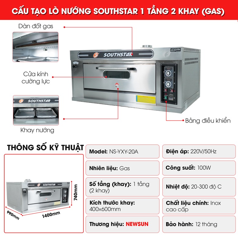 Cấu tạo lò nướng bánh ngọt dùng gas 1 tầng 2 khay Southstar
