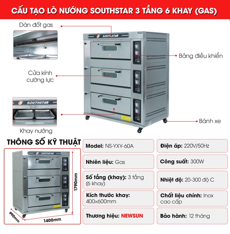 Cấu tạo lò nướng bánh ngọt dùng gas 3 tầng 6 khay Southstar