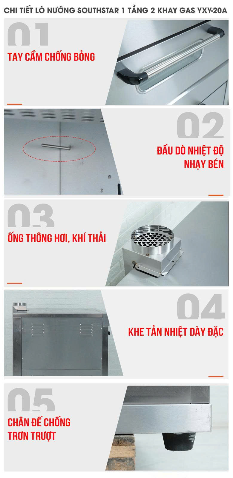 Các chi tiết của lò nướng bánh ngọt dùng gas 1 tầng 2 khay Southstar