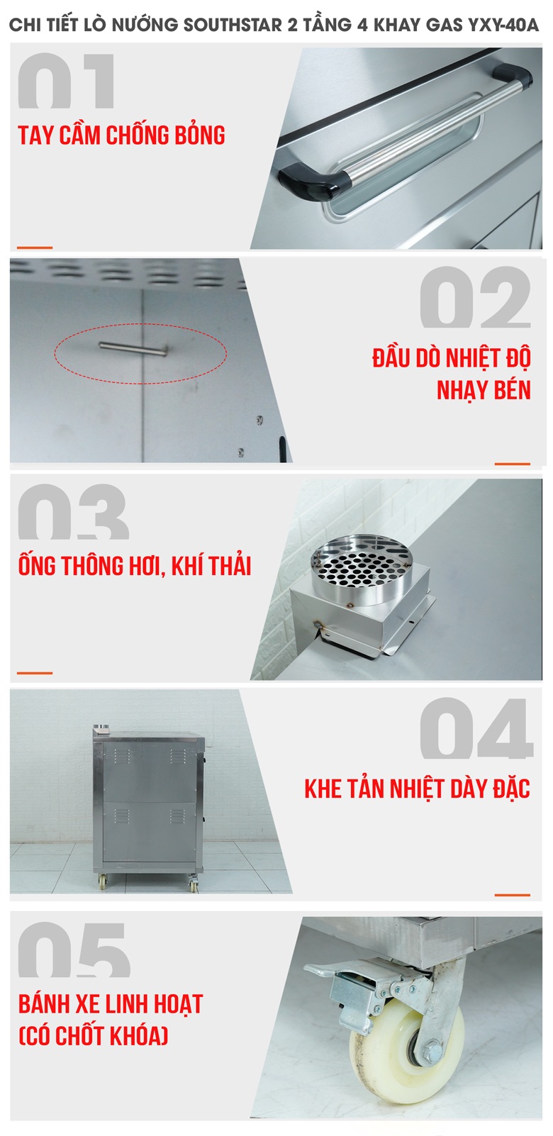 Các chi tiết của lò nướng bánh ngọt dùng gas 2 tầng 4 khay Southstar Các chi tiết của lò nướng bánh ngọt dùng gas 2 tầng 4 khay Southstar