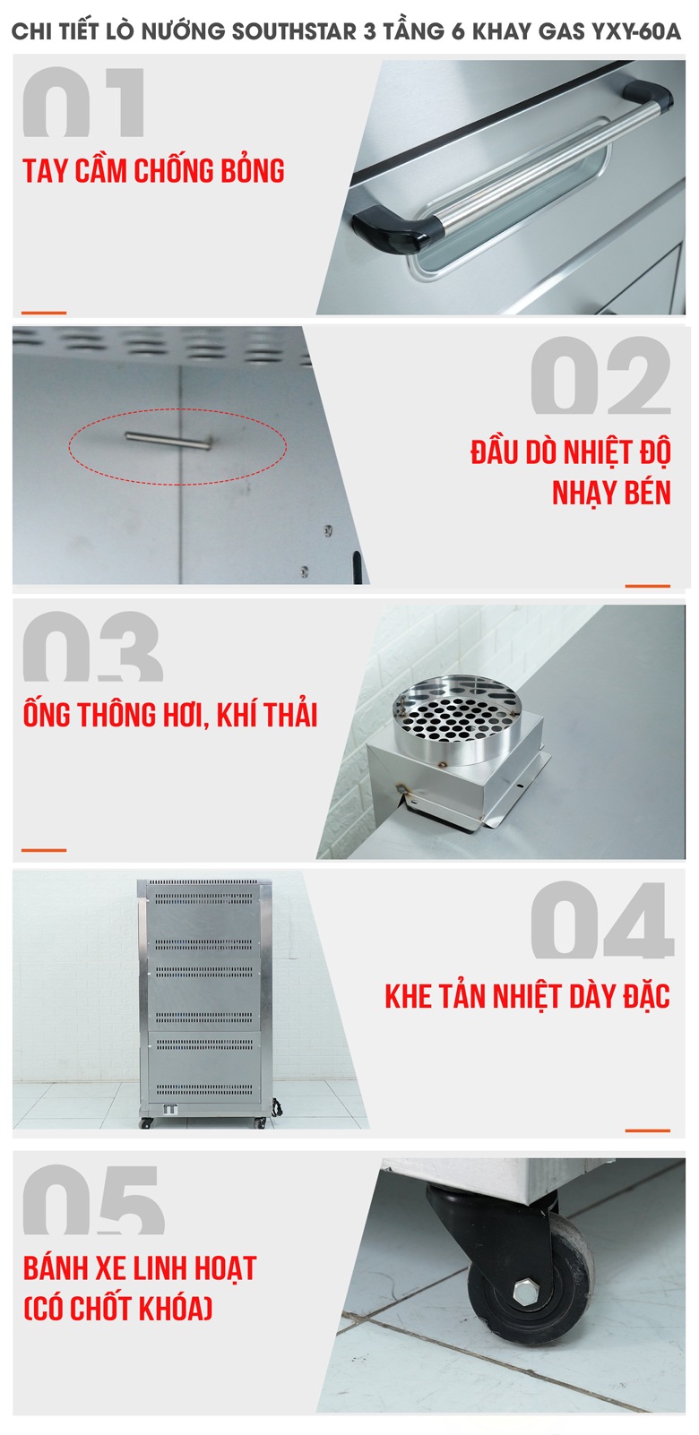 Các chi tiết của lò nướng bánh ngọt dùng gas 3 tầng 6 khay Southstar