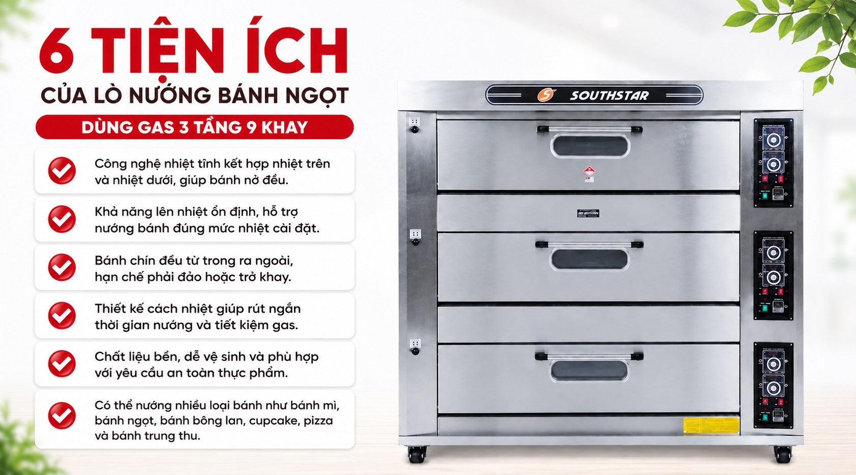 Những lợi ích của lò nướng bánh ngọt dùng gas 3 tầng 9 khay
