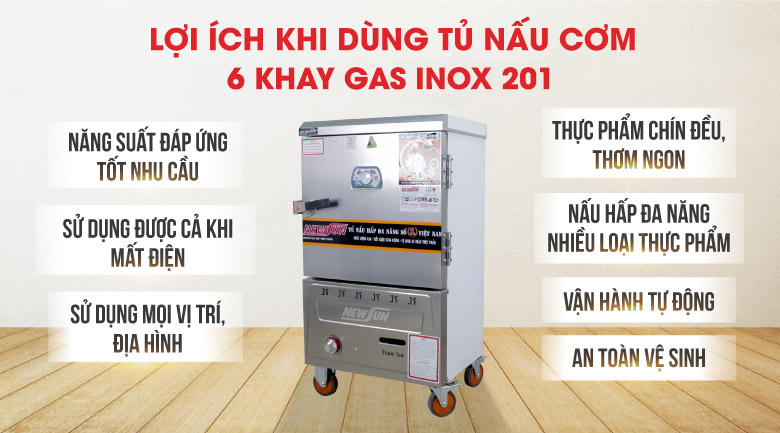 Lợi ích khi dùng tủ nấu cơm 6 khay gas Việt Nam inox 201