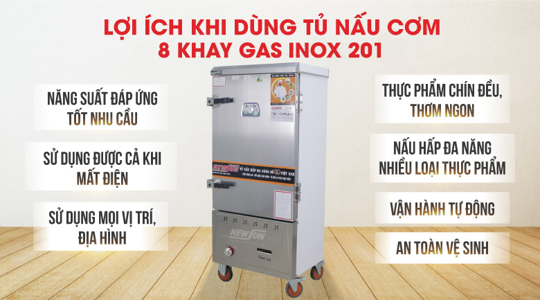 Lợi ích khi dùng tủ nấu cơm 8 khay gas Việt Nam inox 201
