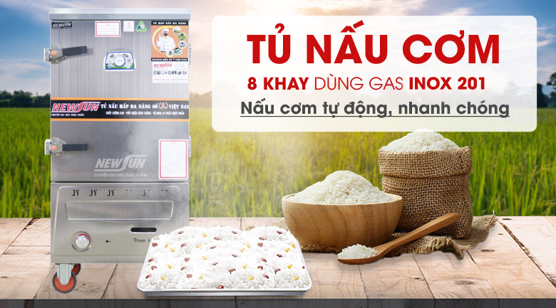 Tủ nấu cơm 8 khay dùng gas inox 201 - Hàng Việt Nam