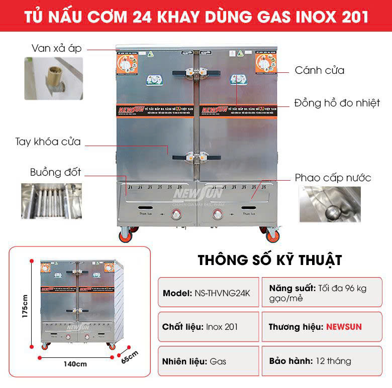 Cấu tạo tủ nấu cơm 24 khay dùng gas inox 201