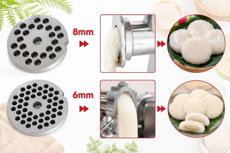 Trang bị sẵn 2 dao xay và 2 mặt sàng 6mm, 8mm