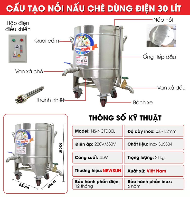 Cấu tạo nồi nấu chè bằng điện 30 lít