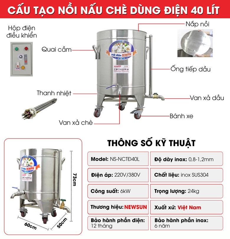 Cấu tạo nồi nấu chè 40L