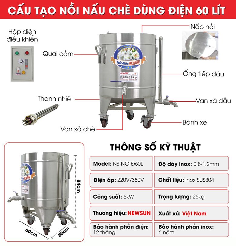 Cấu tạo nồi nấu chè 60L