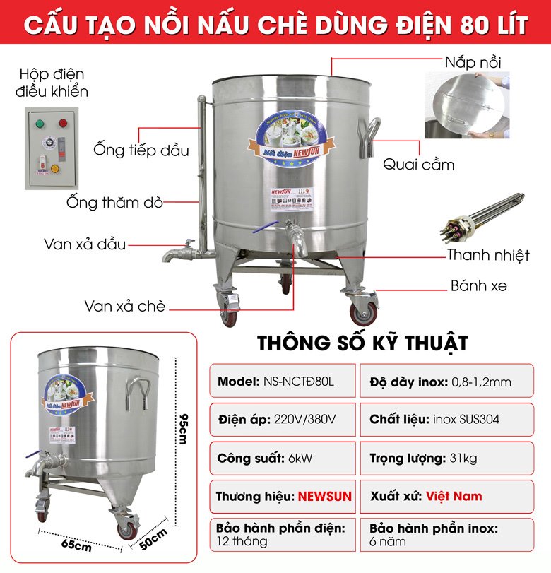 Cấu tạo nồi nấu chè 80L